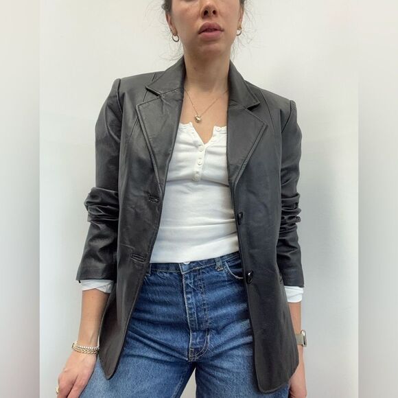 vintage Jackets & Blazers - Vintage Y2K Metrostyle Black Leather Blazer Jacket Collared Size S